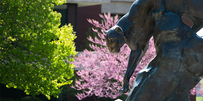 The SIUE cougar statue in front of trees with pink and green leaves