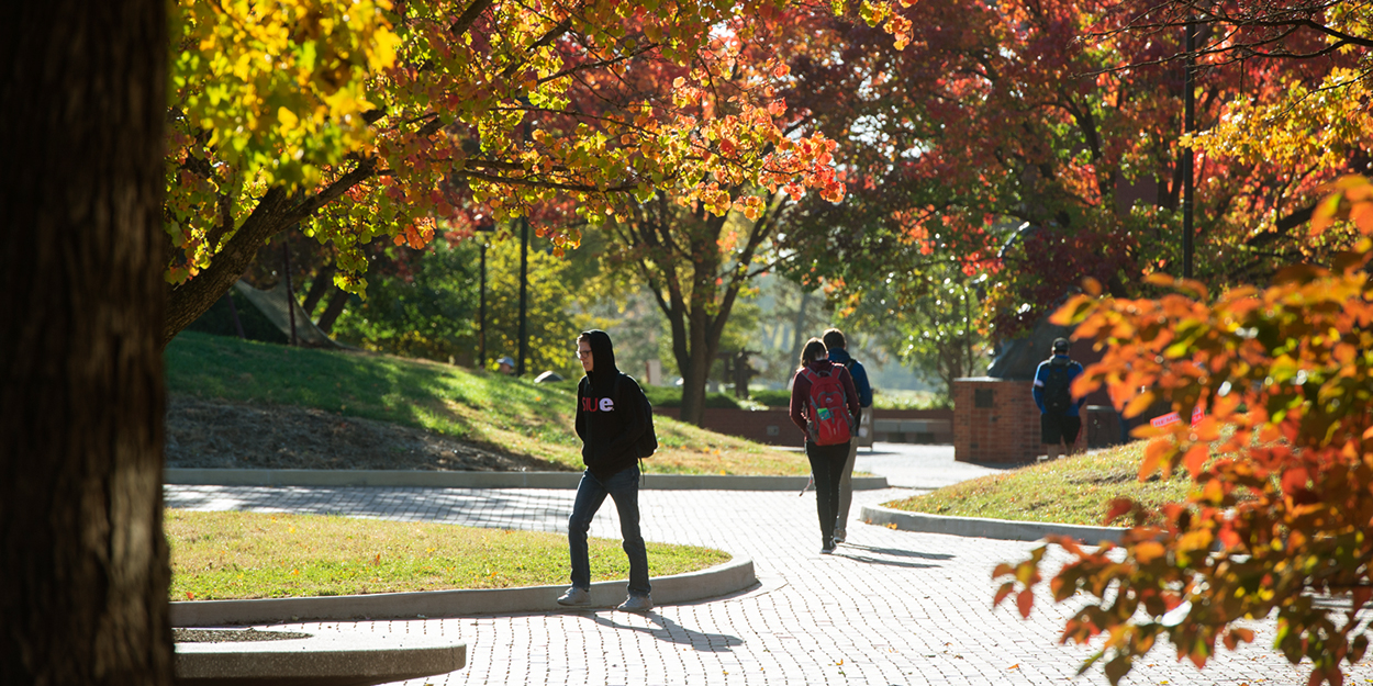 Students walking on a crisp fall morning on SIUE's Stratton Quadrangle.