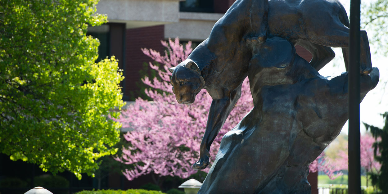 The SIUE Cougar Statue on the Stratton Quadrangle on the SIUE Campus.