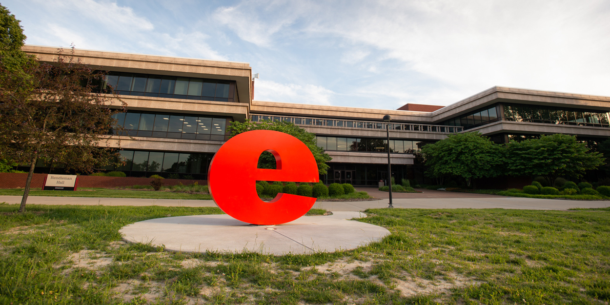 e statue in front of Rendleman Hall