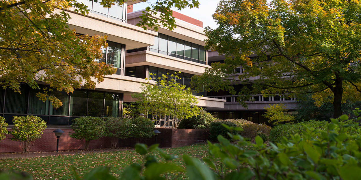 Students walking in the stairway at SIUE's Peck Hall.