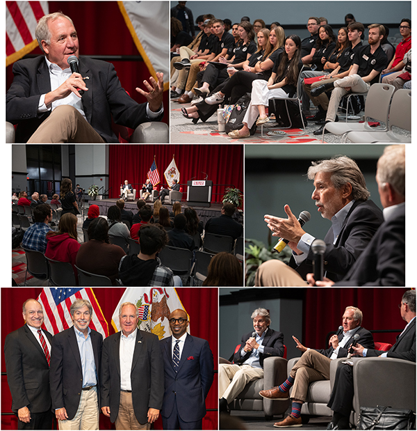 Collage of photo images of two former congressmembers on stage with audience in attendance