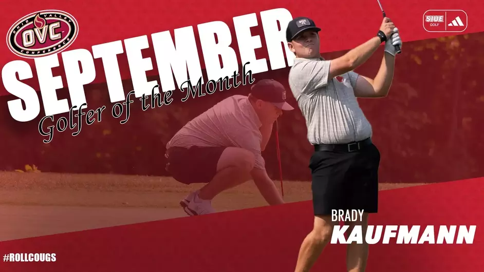 Composite graphic of Brady Kaufmann in an overlay swinging a golfclub. Beneath the overlay is Kaufmann posturing on a golfcourse green in a kneel with his club supporting him, judging the read of the green