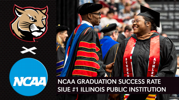 Graphic that shows commencement photo of Dr Minor shaking hands with graduating student athlete